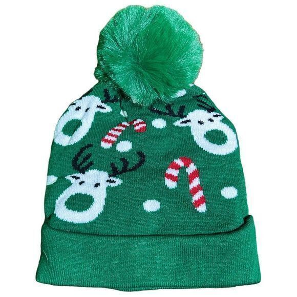 NWT Christmas Reindeer Candy Cane Pom Pom Beanie Green - Picture 2 of 2